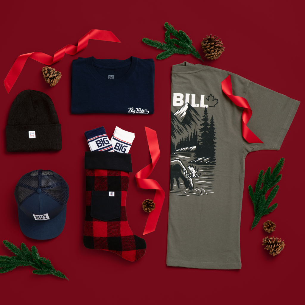 Big Bill stocking stuffer ideas displayed on a red background.